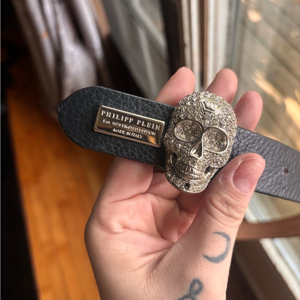 Philipp Plein Black Belt with Glittering Silver Crystal Skull